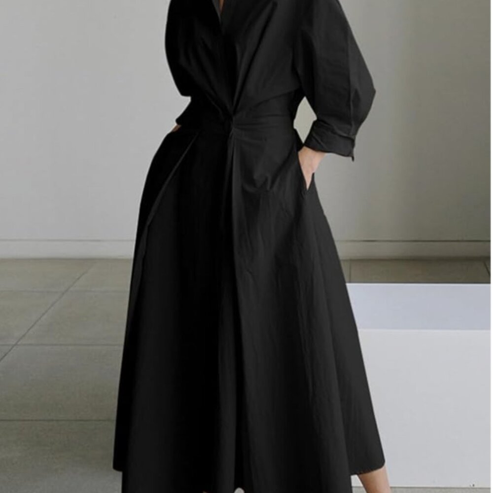 Black Maxi Shirt Dress with Collar for Women Button Waist and Pockets